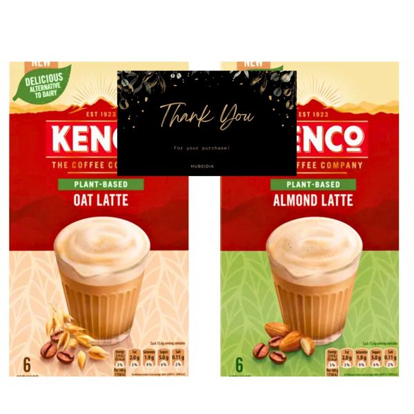 Kenco Plant Based Bundle of 6 x Oat Latte Instant Coffee Sachets and 6 x Almond Latte Instant Coffee Sachets(2 Packs / 12 Sachets) with Hubsidia Thank You Card