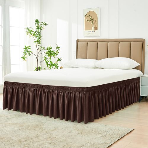Biscaynebay Wrap Around Bed Skirts for Queen Beds 15" Drop, Brown Adjustable Elastic Dust Ruffles Easy Fit Wrinkle & Fade Resistant Silky Luxurious Fabric Machine Washable