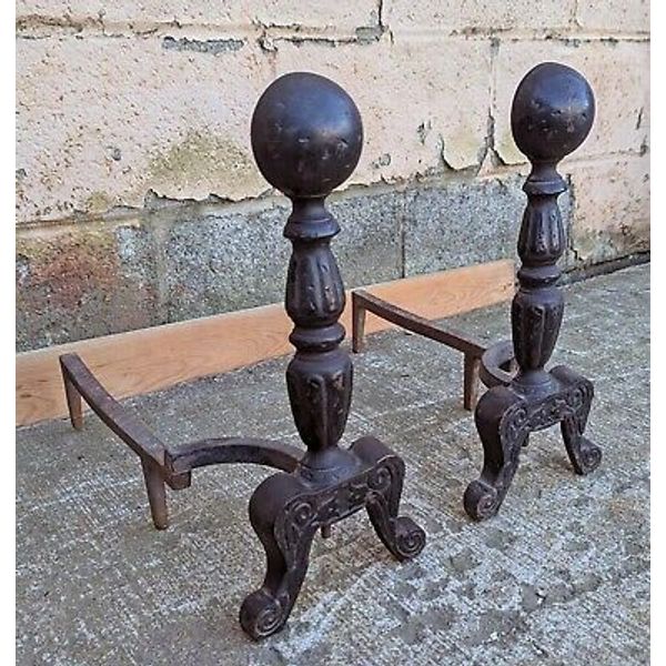 16"H Pair Antique Vintage Iron Mission Arts & Crafts Hammered Fireplace Andirons