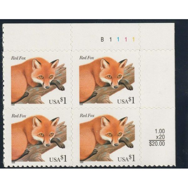 Red Fox Mint Plate Number Block of 4 - 1 Dollar Postage Stamps Scott 3036