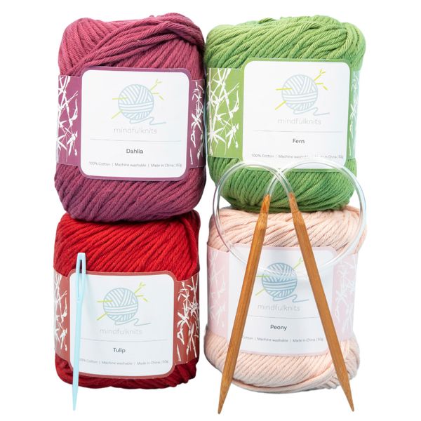 mindfulknits Beginner’s Knitting Kit with Knitting Needles, Yarn Needles & 100% Cotton Knitting Yarn (4) – Make Washcloths – Flora Beginners Basic Knitting Supplies Set for Relaxation & Stress Relief