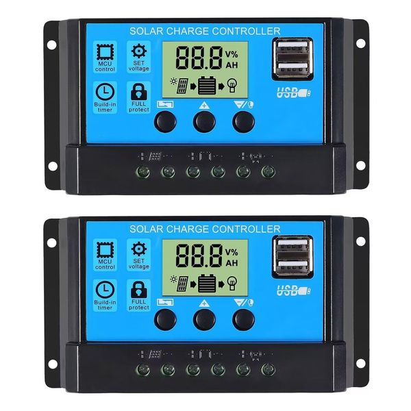 30A Solar Charge Controller 12V/ 24V Solar Panel Charge Controller Intelligent Regulator with 5V Dual USB Port Display Adjustable Parameter LCD Display and Timer Setting ON/Off Hours (1) (2pcs)