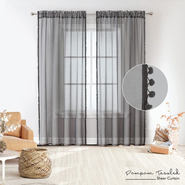 MISS SELECTEX Linen Look Pom Pom Tasseled Sheer Curtains - Rod Pocket Voile Semi-Sheer Curtains for Living and Bedroom, Set of 2 Curtain Panels (52 x 95 inch, Dark Grey)