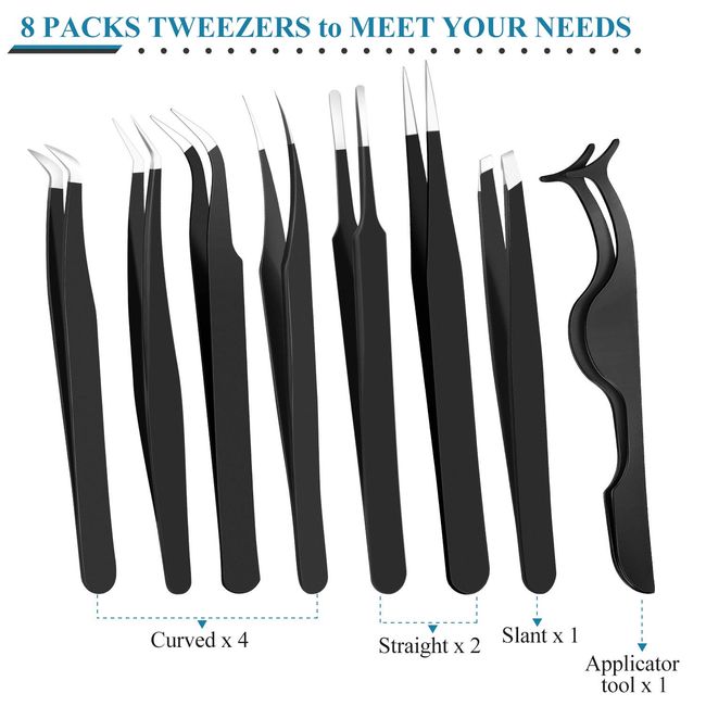 Tweezers Eyelash Extension Tweezers Set Stainless Steel Straight and Curved  Tip Tweezers for Nail Art Sticker, Eyelash Extensions, Craft, Jewelry Pack  of 6 
