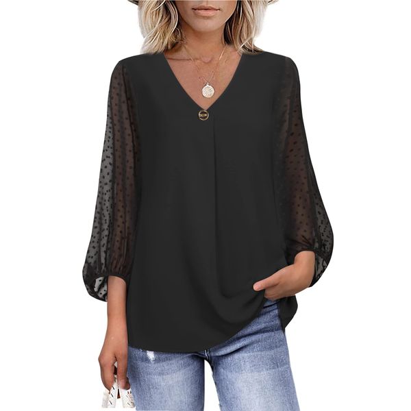 Bebonnie Plus Size Tops for Women,Ladies Dress Shirts and Blouses for Work Womans Plus Size Elegant Summer Fall Long Sleeve Causal Business V Neck Chiffon Blouses & Button-Down Shirts Black XX-Large