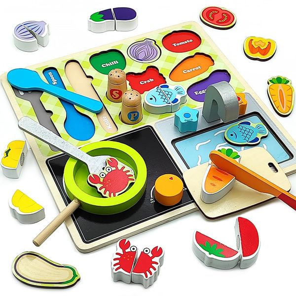 Wooden Play Food Sets for Kids Kitchen Toys Kitchen Playset Accessories Early Education Toys for 3 4 5 6 7 8 Years Old Girls and Boys Gifts (Kitchen Cooking)