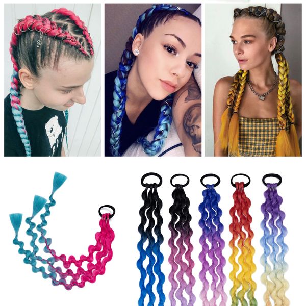 SEGO 2 Pcs Colored Braids Hair Extensions with Rubber Bands Ponytail Extensions Rainbow Braided Synthetic Hair Accessories for Women Kids Girls Party Highlights Dress Up Cosplay -24" BY41