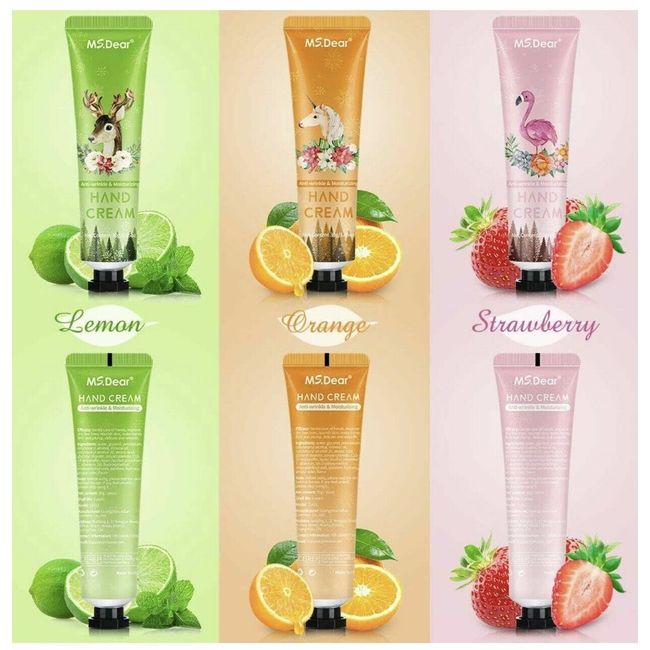 6 tube set (1.05oz ea) MS. DEAR HAND CREAM 3 SCENTS - ORANGE, STRAWBERRY & LEMON