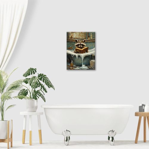 Bathroom Raccoon Pictures Wall Art, Funny Bathroom Canvas Wall Decor Rustic Framed Painting Wall Decorations Artwork Prints for Living Room Bedroom Office 16"L x 12"W