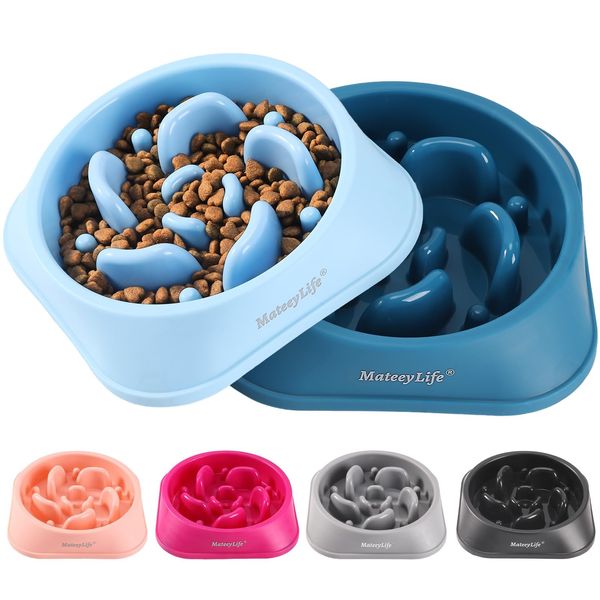 MateeyLife Slow Feeder Dog Bowls 2PCS, Anti-Choking Puzzle Dog Food Bowls, Anti-Slip Interactive Dog Feeding Bowls Slow Down Eating, Bloat Stop Maze Dog Dishes for All Breeds Pets LightBlue&DarkBlue