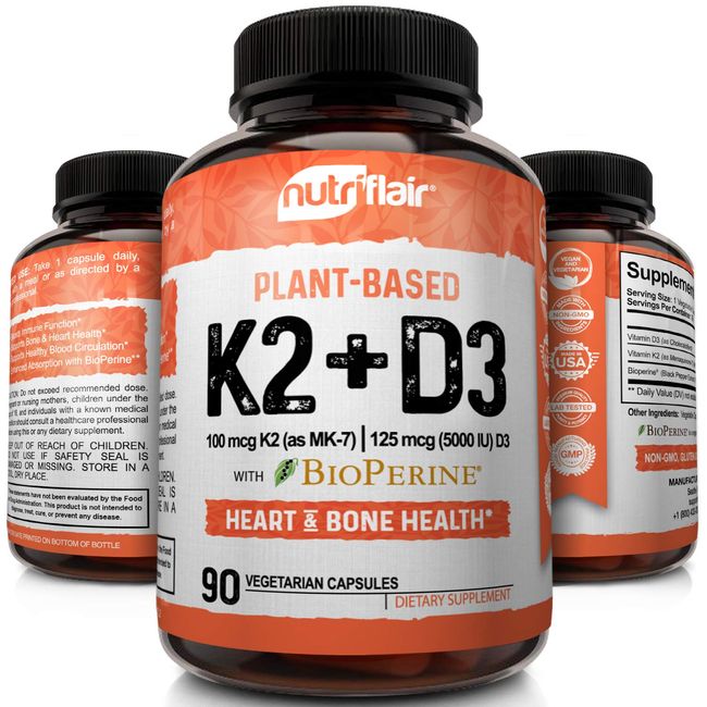 NutriFlair Plant-Based Vitamin K2 (as Mk7) with D3 (5000iu/125mcg) Vitamins Plus BioPerine, 90 Capsules - Heart & Bone Health