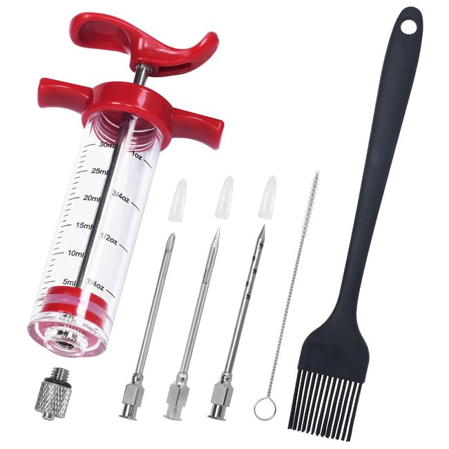 Turkey Injector Syringe - 3 Marinade Injector Needles, 1oz Meat Injector Syringe, Include 5- Hole Needle, Premium Portable Meat Injector Kit with Black Oil Brush & Cleaning Brush, Easy to Use & Clean