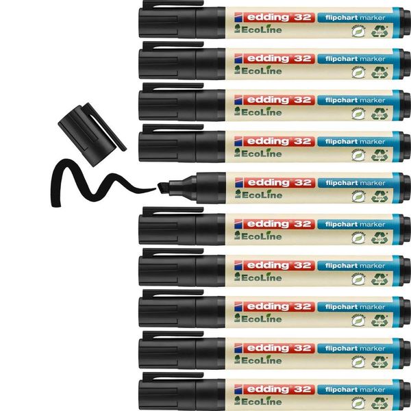 edding 32 EcoLine flipchart marker - black - box of 10 - chisel nib 1-5 mm - marker for writing, drawing on flipchart paper - does not bleed through - does not dry out - refillable