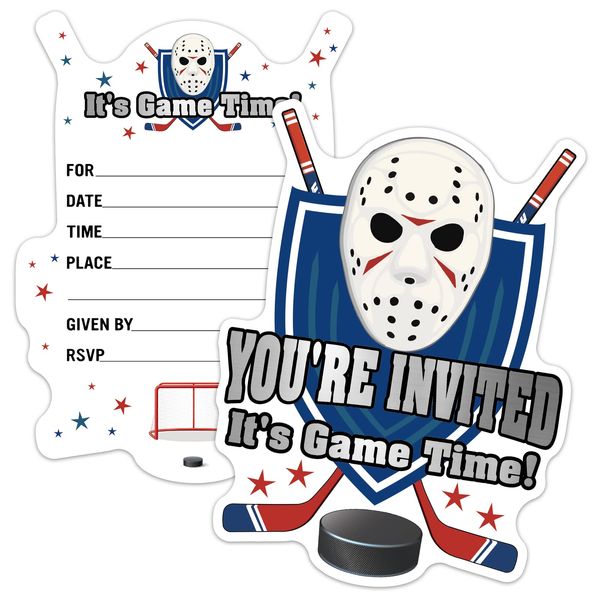 ERHACHAIJIA 15 PCS Ice Hockey Mask Shaped Fill-In Invitations Cards With Envelopes, Funny Birthday Party Sports Party Baby Shower Invites for Boys Girls Adults Hockey Lovers-It's Game Time