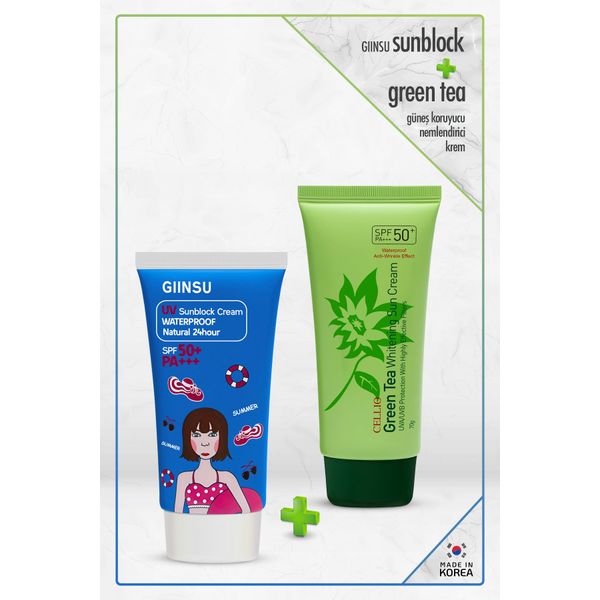 2'li Güneş kremi, Giinsu + Green Tea içeren Güneş Koruyucu nemlendirici krem Spf50 Pa Uva/uvb