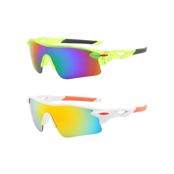 swanoble UV400 2 Sports Sunglasses for Kids Cycling,Light frame Sunglasses for Boys Girls,Youth Softball Baseball Golf (Transparent Green+White orange)