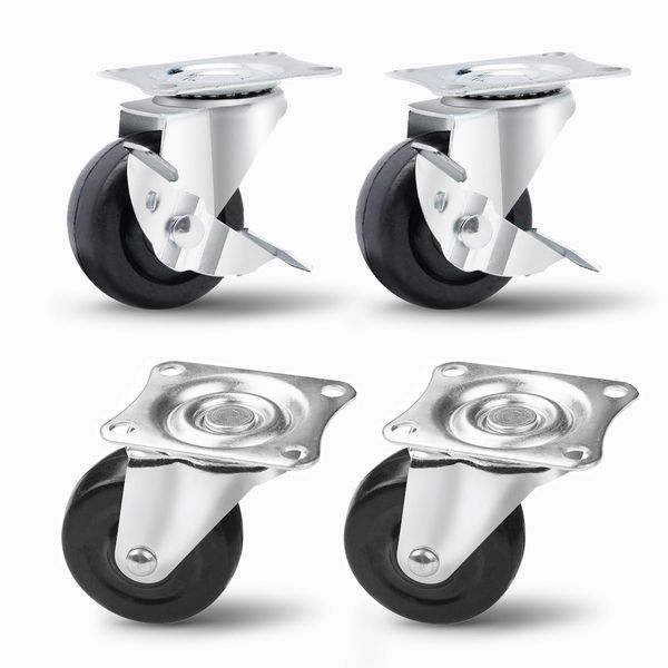 POWERTEC 2 Inch Swivel Caster Wheels Set of 4 with 264 lbs Loads (2 with Brakes & 2 Without), Heavy Duty Plate Casters, Rubber Castor Wheels for Furniture, Cart, Dolly and Workbenches (17211)