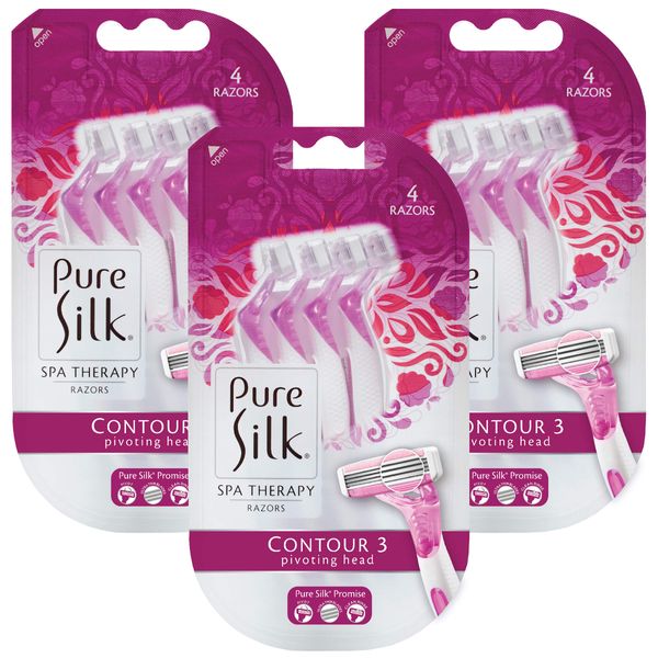 Pure Silk Contour 3 Premium Disposable Razor Value Pack Bundle (3 Packs/12 Total Razors)