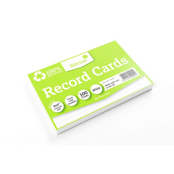 Silvine 6x4" 100% Recycled Flash Cards - Lined (100 Cards) White