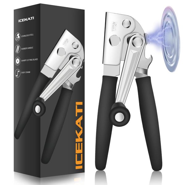 Commercial Can Opener, ICEKATI Can Opener Manual Heavy Duty Easy for Big Cans with Magnet, Folding Hand Crank Can Opener With Comfortable Long Handles, Smooth Edge Can Opener With Carbon Steel Blade