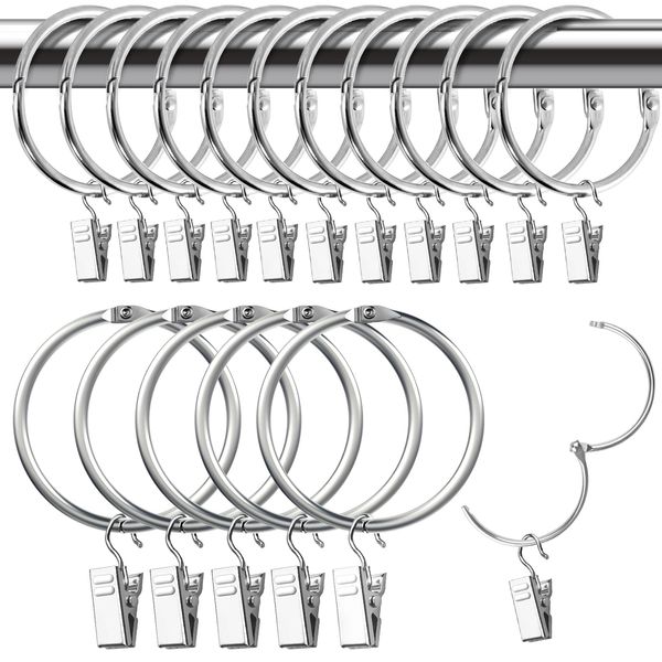 Hengxinc 15 PCS Curtain Rings with Clips 50 mm Curtain Clip Ring metal Curtain Rings stainless steel Curtain Hooks for Home Window Rod Decoration (silvery)