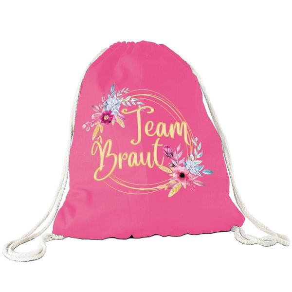 Tassendruck Stoffbeutel - Team Braut Blumenkranz - Junggesellinnenabschied/JGA/Party/Spaß/Rucksack/Turnbeutel/Gym-Bag - Pink 10 Stück