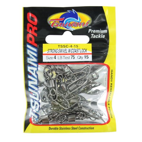 Tsunami Fishing Swivel w/Coast Lock Snap Size 4 15 pack 75lb TSSC-4-15