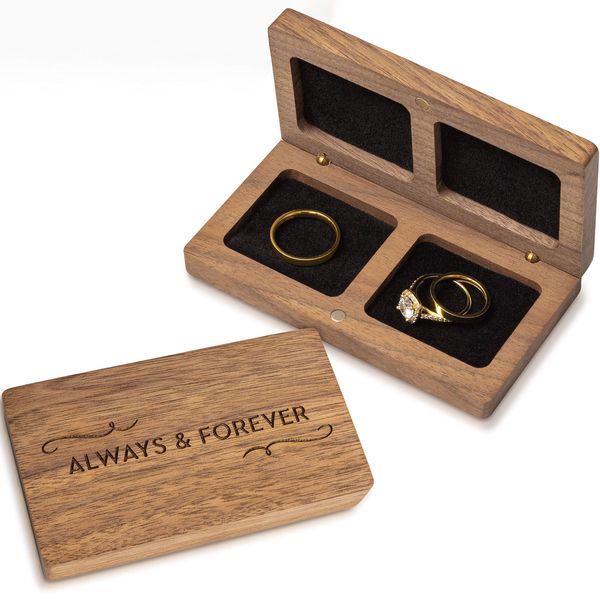 Prazoli Ring Box for Wedding Ceremony - Wooden Ring Bearer Box Wedding Accessories, Double Ring Boxes for Two Rings Case, Rustic Keepsake Wedding Ring Holder, Small His and Hers Ring Box For Couple