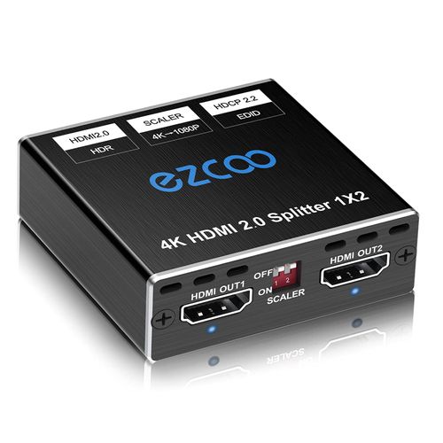 HDMI Splitter 1 in 2 Out 4K 60Hz 4:4:4 HDR Dolby Vision Dolby Atmos, Scaler 4K 1080P, Firmware Upgrade HDCP2.2, Scaler EDID Switch, USB Power