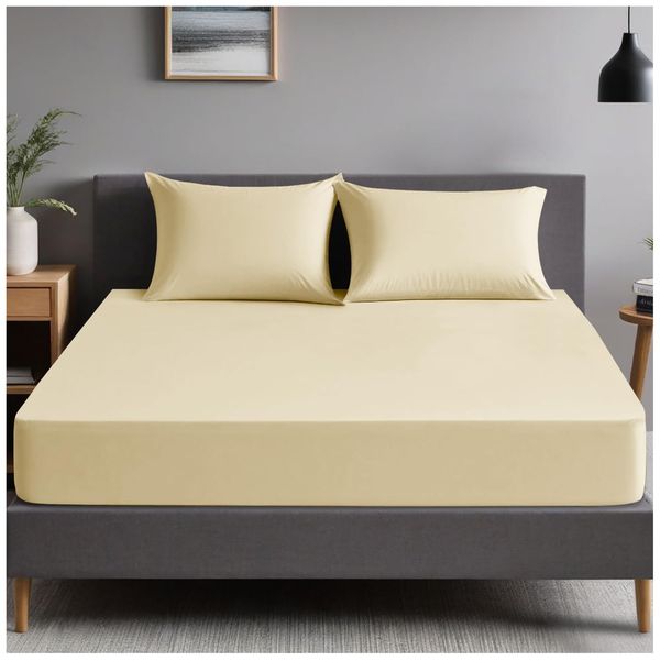 Plain Dyed Bedding Bedsheet, Ultra Soft 4Ft Fitted Bed Sheet, Non Iron Polycotton Percale Sheets, Cream