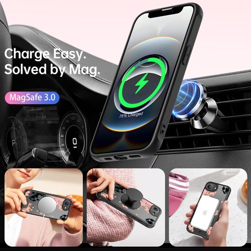 FUNMIKO Case for iPhone 16e - Wireless Charging & Military-Grade Protection - Wildflower Design for Women Girls, Non-Slip Matte Cover Shock-Absorbing Corners - Black and Pink Cherry Blossoms