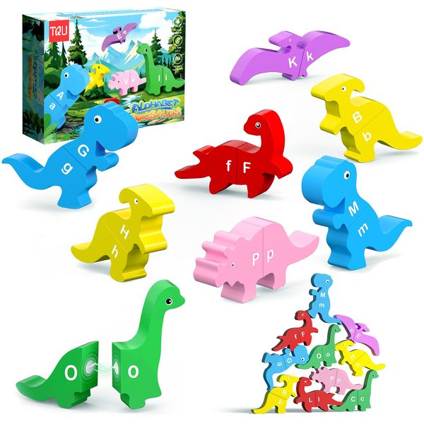 13 Pcs Dinosaur Alphabet Learning Toys for Toddlers 2-4, Montessori Educational Toys Gifts for 2 3 4 Year Old Boy Girl, Magnetic Toys, Wooden Stacking Building Toys Fine Motor Toys for Kids