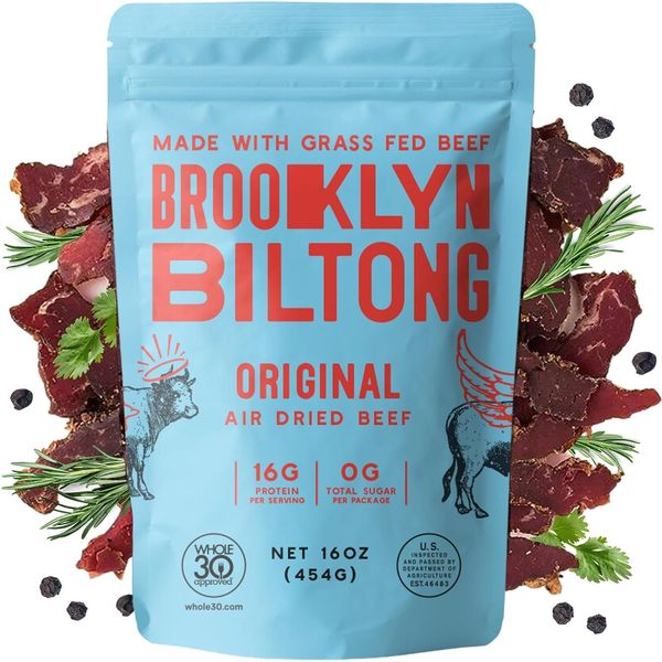 Brooklyn Biltong - Air Dried Grass Fed Beef Snack, South African Beef Jerky - Whole30 Approved, Paleo, Keto, Gluten Free, Sugar Free, Made in USA - 16 oz. Bag (Original)