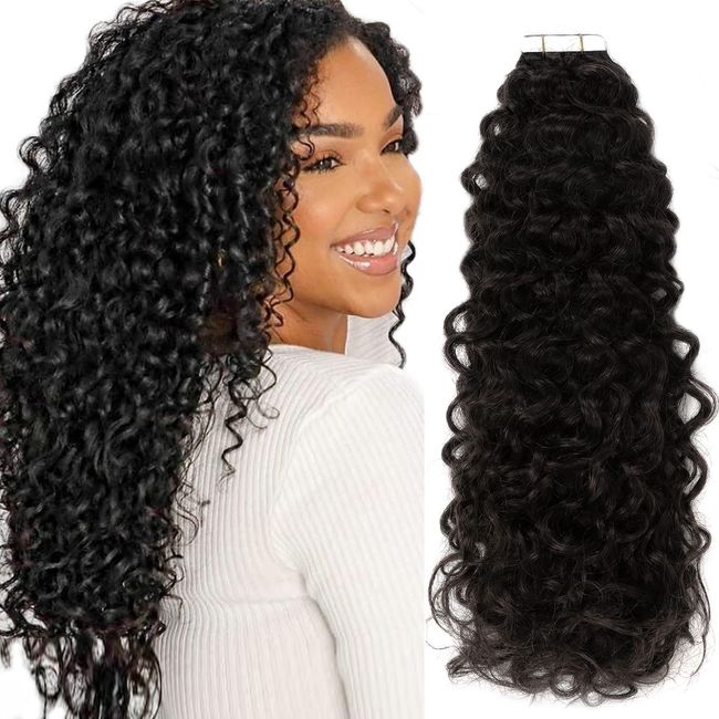 Caliee Hair Extensions Real Human Hair Tape ins Seamless Remy Hair Extension 20inch Natural Black Curly Hair Extensions for Black Women, Jerry Curly Tape on Extensions 100g Double Sided 40pcs