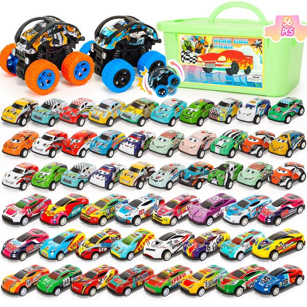 SevenQ Toy Cars for Kids Ages 4-8, 56Pcs Monster Truck Toys Pull Back Cars with Storage Box, Race Cars Party Favors for Toddler Toys Pinata Goodie Bag Stuffers Christmas Treasure Box Classroom Prizes