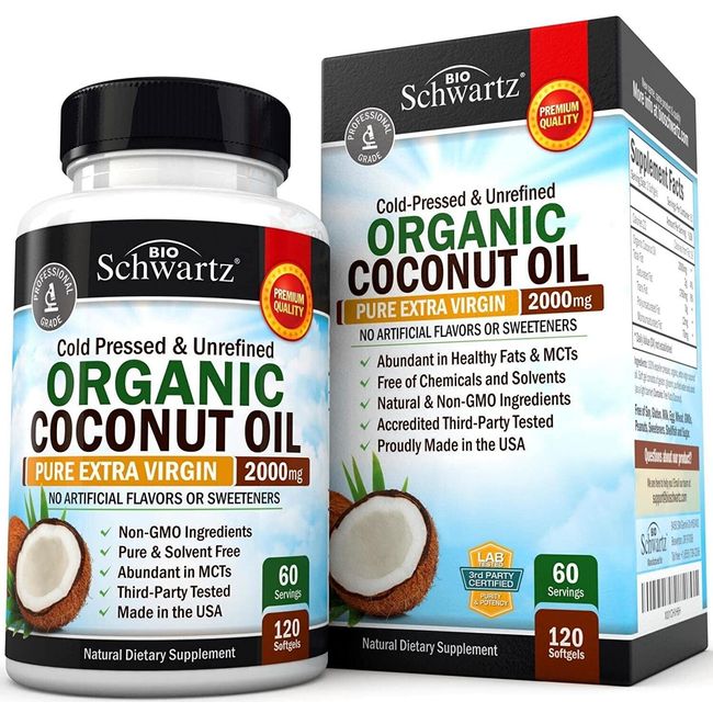 Coconut Oil Capsules 2000mg Organic Pure Extra Virgin, Unrefined, 120 ct