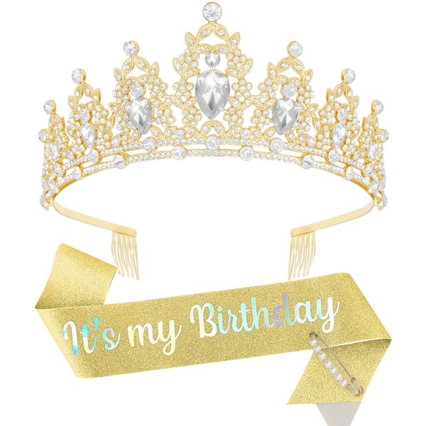 BAHABY Birthday Crown for Women It's My Birthday Sash & Rhinestone Tiara Set Princess Birthday Sash and Tiara for Women Birthday Decorations (Gold)