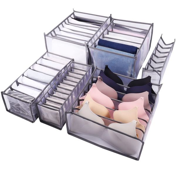 RosewineC 6 Pcs Clothes Drawer Organizer,Wardrobe Clothes Organiser,Foldable Dividers Underwear Storage For Socks Shirts Thin Tops Bras and Underpants Mesh(Grey)