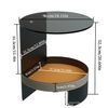 2 Tier Round Glass Side Table Saddle Leather Storage Modern Bedside Accent Table