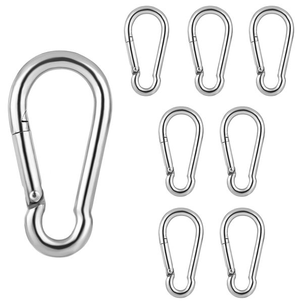 Anvin Carabiner Clips 8 Pcs Spring-Snap Hook Quick Link M6 304 Stainless Steel Clips Spring Buckle Rope Connectors for Keychains Harness Dog Leash Bird Feeders Planters Lights(Silver, 100KG Capacity)