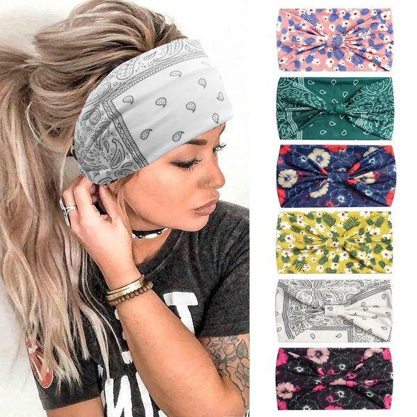 6PCS Headbands for Women Wide Boho Head Scarfs Non Slip Bandanas Hairbands Elastic Hair Accessories Knotted Turbans Head Wrap Adult (Leaves)