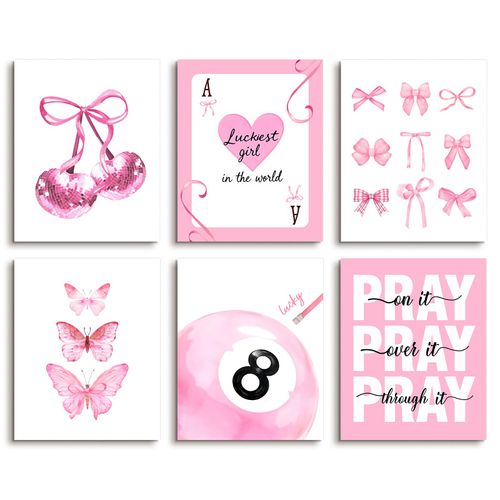 Pigort Pink Preppy Wall Art – Set of 6 Unframed 8x10in Canvas Prints for Girls Bedroom Decor, Aesthetic Bow Disco 8 Ball Cherry Posters, Perfect for Dorm or Girl Room