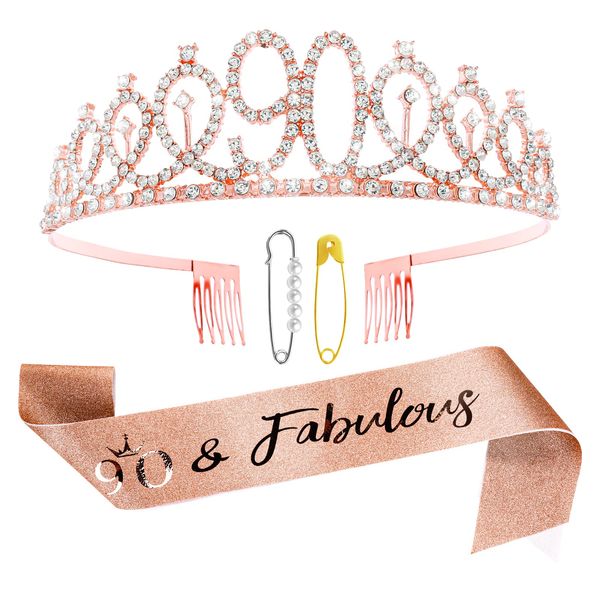 Abeillo Birthday Decorations, Rose Gold 90& Fabulous Sash and Rhinestone Tiara Kit, Women's 90th Birthday Gift