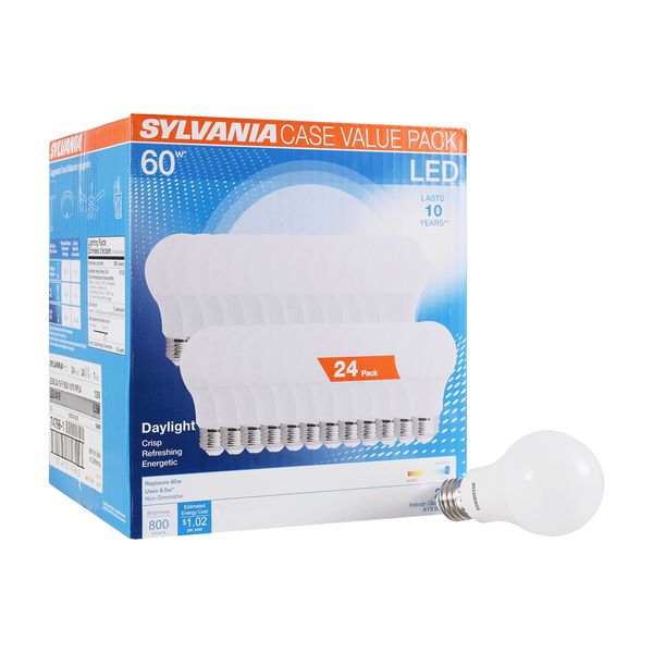 SYLVANIA LED A19 Light Bulb, 60W Equivalent, Efficient 8.5, 10 Year, W, 5000K, 800 Lumens, Frosted, Daylight - 24 Pack (74766)