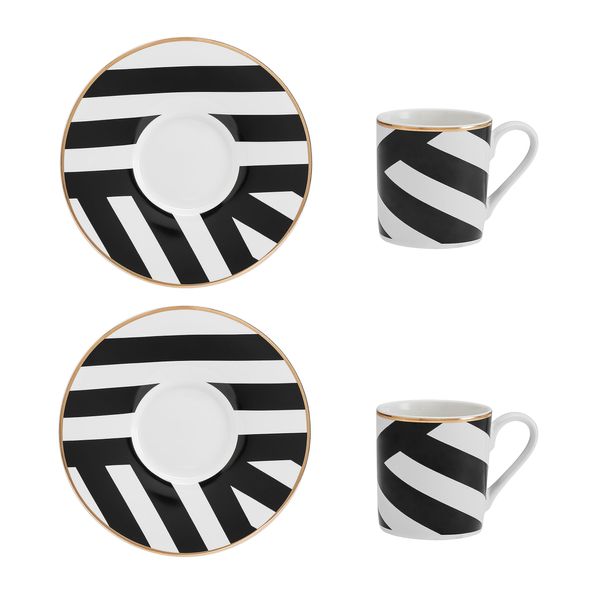 MIKASA Luxe Deco 2pc Fine China Espresso Cup & Saucer Set - Geo Pattern, 110ml, Gift Boxed