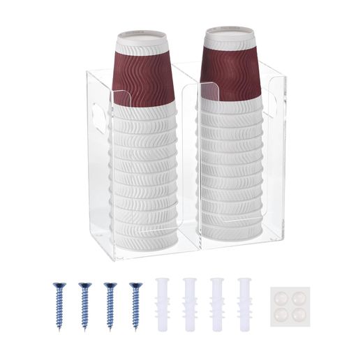 uxcell Disposable Coffee Cup Dispenser, 2 Compartments Clear Acrylic Paper Cup and Lid Plastic Storage Organizer Holder with Mounting Tools for Home Kitchen Office Countertop