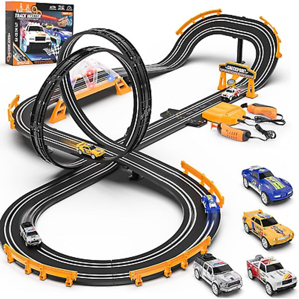 Slot Car Race Track Sets with 4 Slot Cars, Electric Race Car Track Include Slope