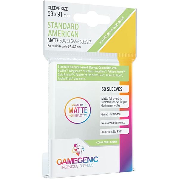 Matte Board Game Sleeves | Pack of 50 Matte Sleeves | 59 by 91 mm Card Sleeves Optimized for Standard American Card Games | Premium Card Protection | FFG Green Color Code | Made by Gamegenic