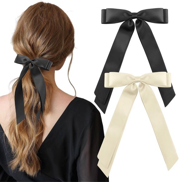 2PCS Silky Satin Hair Bows Hair Clip,Black Beige Hair Ribbon,Hair Bows for Women,Slides Metal Clips Hair Bow,Girls Bows and Hair Accessories,Holiday Hair Bows,Wedding Hair Clip