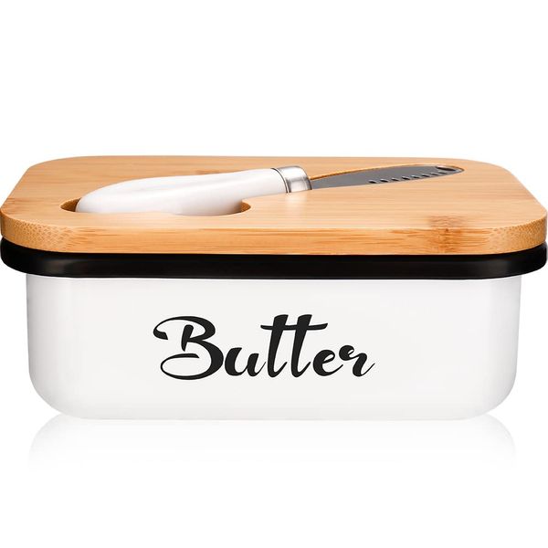 Butter Dish with Lid and Knife,Metal Butter Dishes with Woonden Lid and Multi-Functional Butter Knife of Stainless Steel,Butter Container with High Quality Silicone Seal,White 3.5*5.5*2in